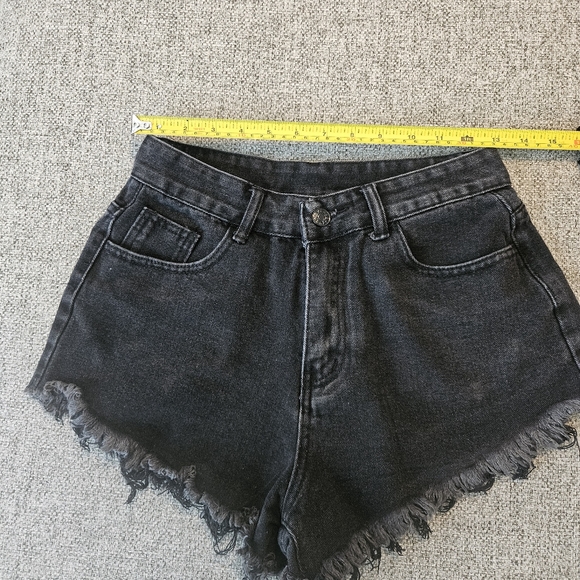 Shein Black High Waist Jean Cut Off Fray Shorts Flame Embroidered Pockets Size S - Picture 3 of 6